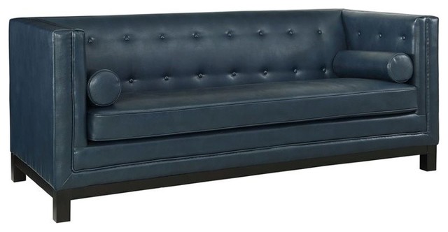 Hawthorne Collection Leather Tufted Sofa In Blue Transitional Sofas By Homesquare Houzz