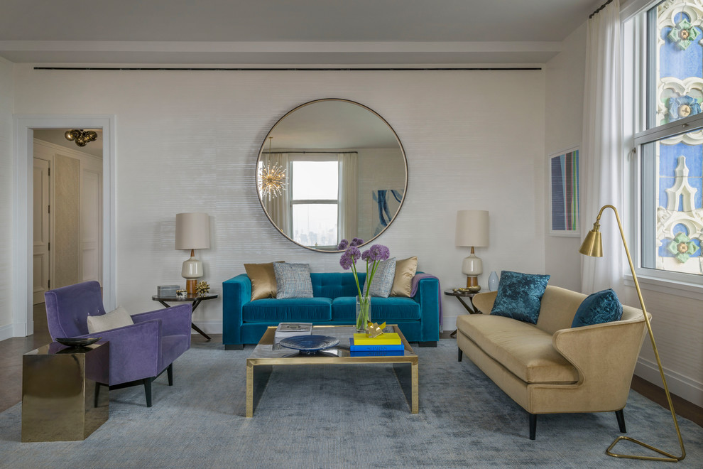 Example of a mid-sized transitional formal and open concept carpeted and gray floor living room design in New York with multicolored walls and no tv