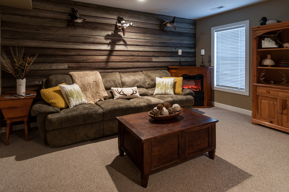 Home design - mid-sized rustic gender-neutral carpeted home design idea with brown walls