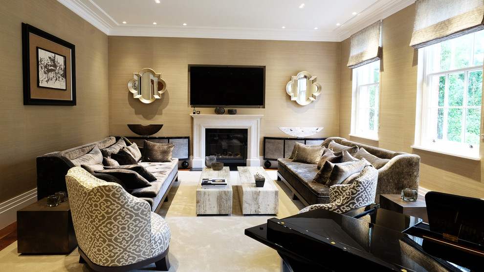 Inspiration for a large contemporary formal enclosed living room in London with a standard fireplace, a stone fireplace surround, a wall-mounted tv and beige floor.