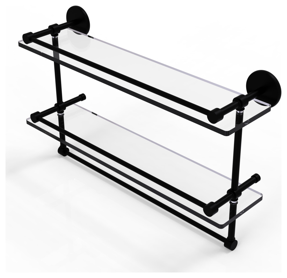 22" Gallery Double Glass Shelf with Towel Bar, Matte Black