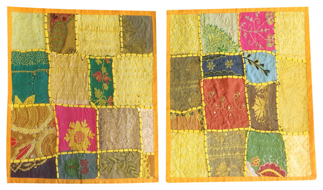 Consigned Ethnic Yellow Cushion Cover Patchwork Embroidered