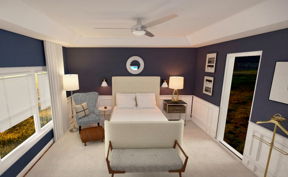 Modelo de dormitorio principal tradicional grande con paredes azules, moqueta, suelo blanco, bandeja y panelado