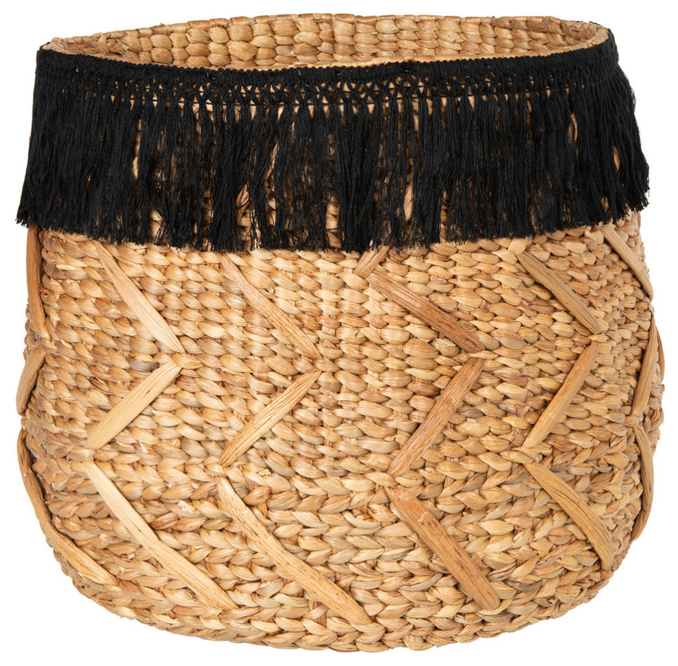 Round Water Hyacinth Storage Basket With Fringes, Natural and Black