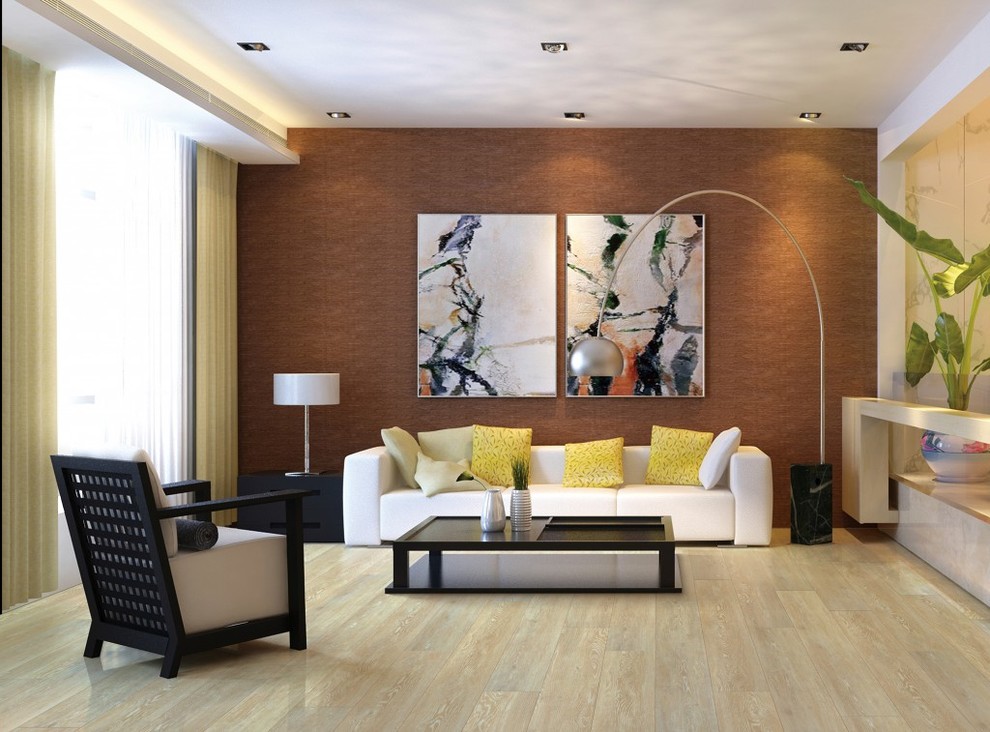 Inspiration for a contemporary living room in Detroit with vinyl floors.