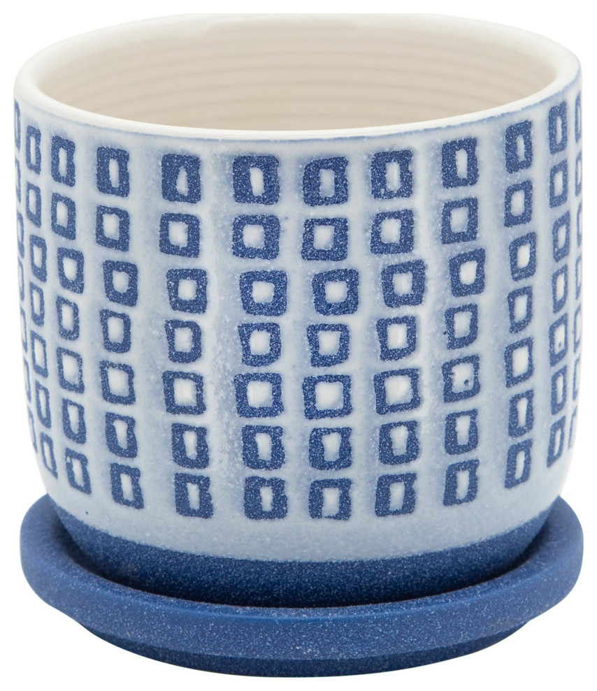5" Tiny Squares Planter With Saucer Blue Contemporary Indoor Pots