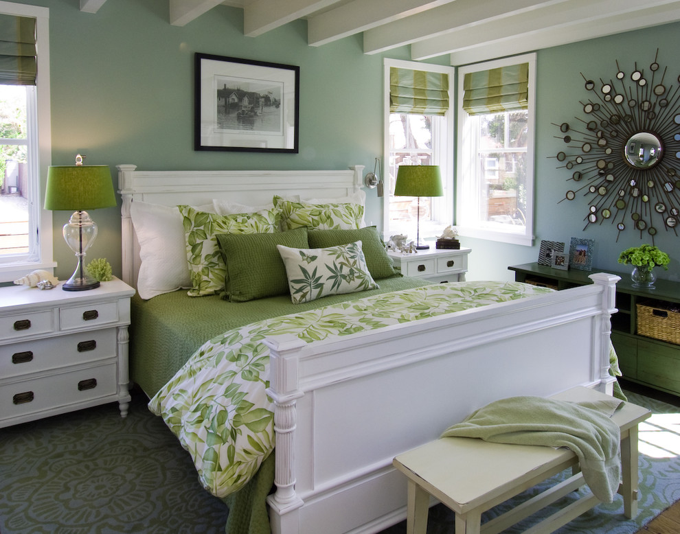 Inspiration for a beach style bedroom in San Francisco with blue walls.