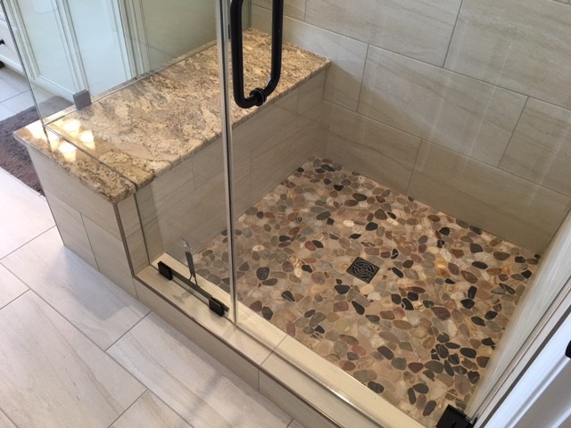 Transitional master beige tile and glass tile ceramic tile home design photo in DC Metro with flat-panel cabinets, white cabinets, an undermount tub, an undermount sink and granite countertops