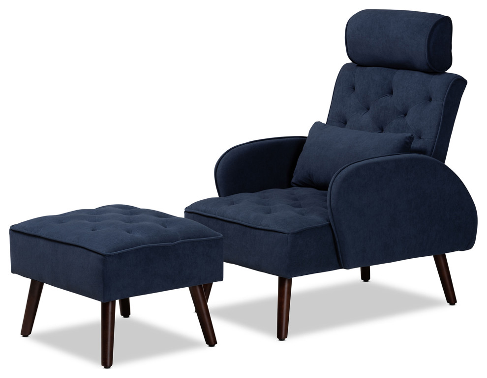 Weber Contemporary Velvet Fabric 2PC Recliner Chair & Ottoman Set, Navy Blue/Wal