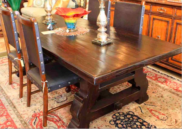 Reclaimed Wood Spanish Trestle Dining Table In A Distressed Dark