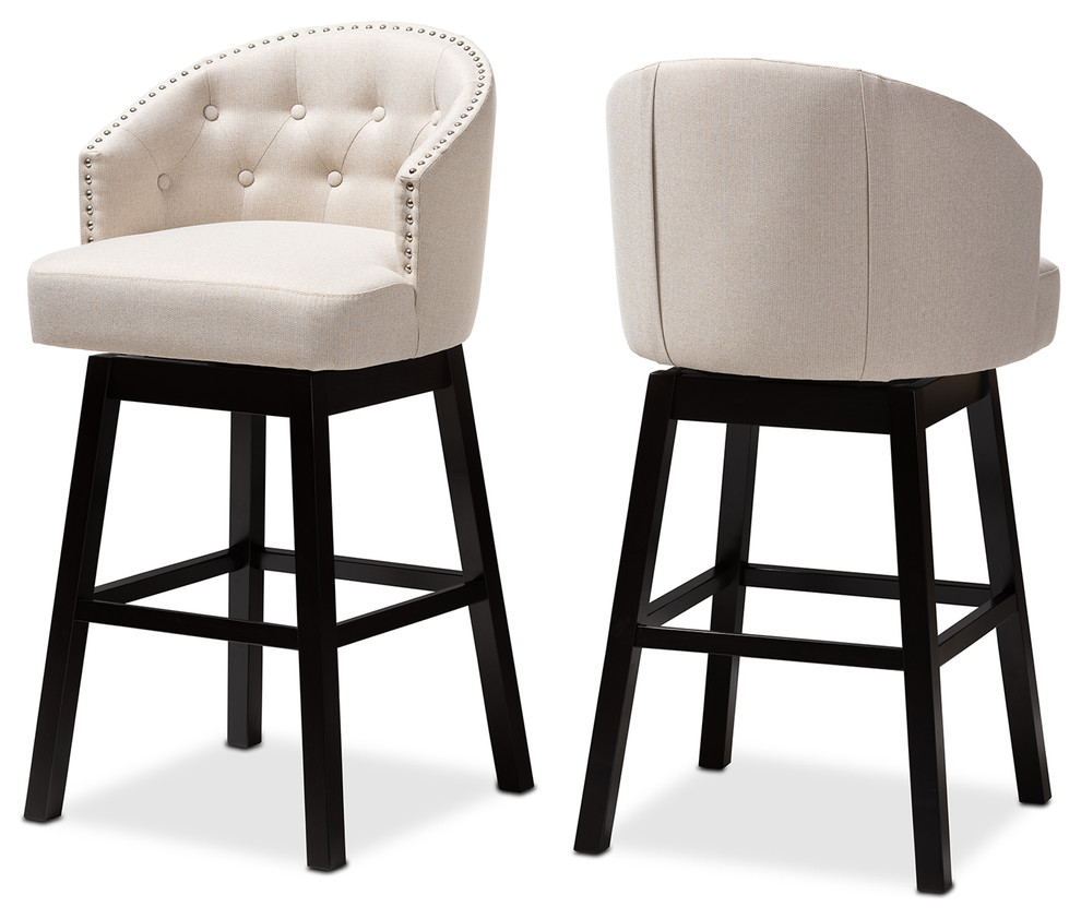 Theron Transitional Light Beige Fabric Upholstered Swivel Bar Stool Set of 2 Transitional