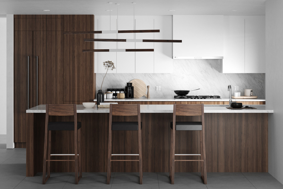 This is an example of a mid-sized contemporary galley eat-in kitchen in Los Angeles with an undermount sink, flat-panel cabinets, dark wood cabinets, quartz benchtops, white splashback, engineered quartz splashback, panelled appliances, porcelain floors, a peninsula, grey floor and white benchtop.