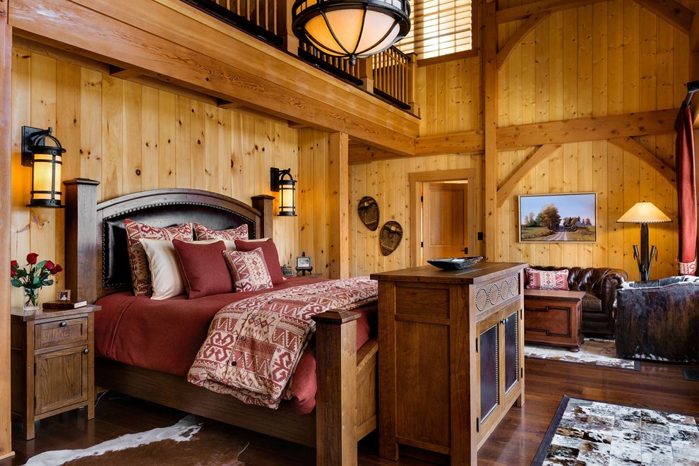 Inspiration for a large country master bedroom in Burlington with no fireplace and dark hardwood floors.