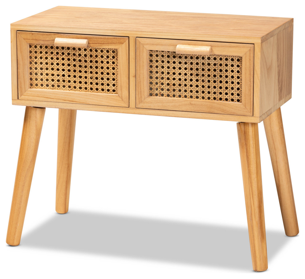 Saffi MidCentury Oak Brown Wood 2Drawer Console Table With Rattan