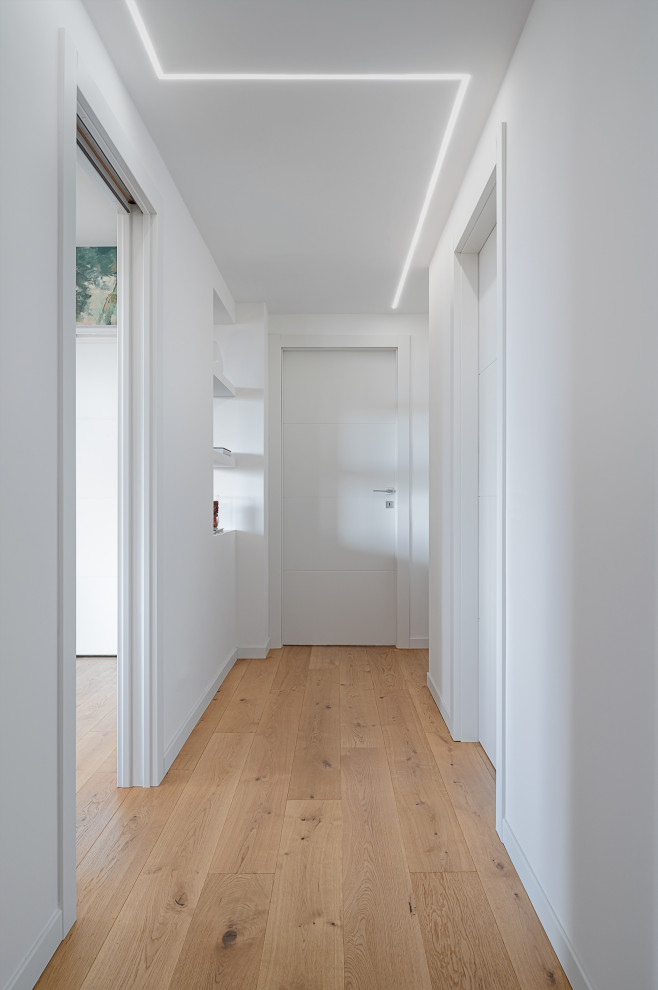 Пример оригинального дизайна: большой коридор в стиле модернизм с белыми стенами и светлым паркетным полом