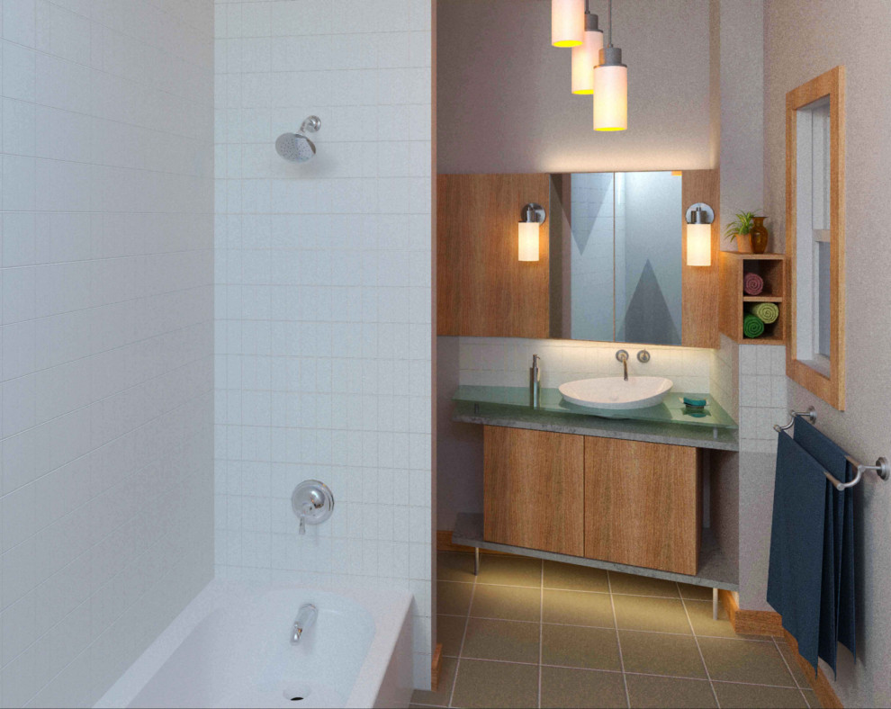 Свежая идея для дизайна: маленькая ванная комната в современном стиле с душем в нише, раздельным унитазом, настольной раковиной, стеклянной столешницей, тумбой под одну раковину, плоскими фасадами, светлыми деревянными фасадами, ванной в нише, белой плиткой, керамической плиткой, синими стенами, полом из керамической плитки, бежевым полом, шторкой для ванной и встроенной тумбой для на участке и в саду - отличное фото интерьера
