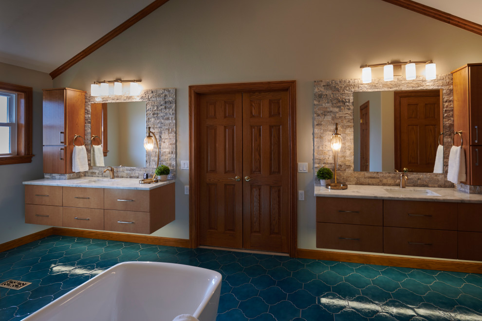 Mid-sized modern master bathroom in Other with flat-panel cabinets, medium wood cabinets, a freestanding tub, an open shower, beige tile, stone tile, an undermount sink, granite benchtops, turquoise floor, an open shower, beige benchtops, a double vanity and a floating vanity.