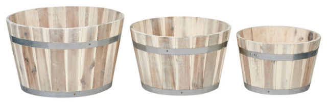 Nested Wood Barrel Planter With White Oil Set Of 3, "18",16",13"