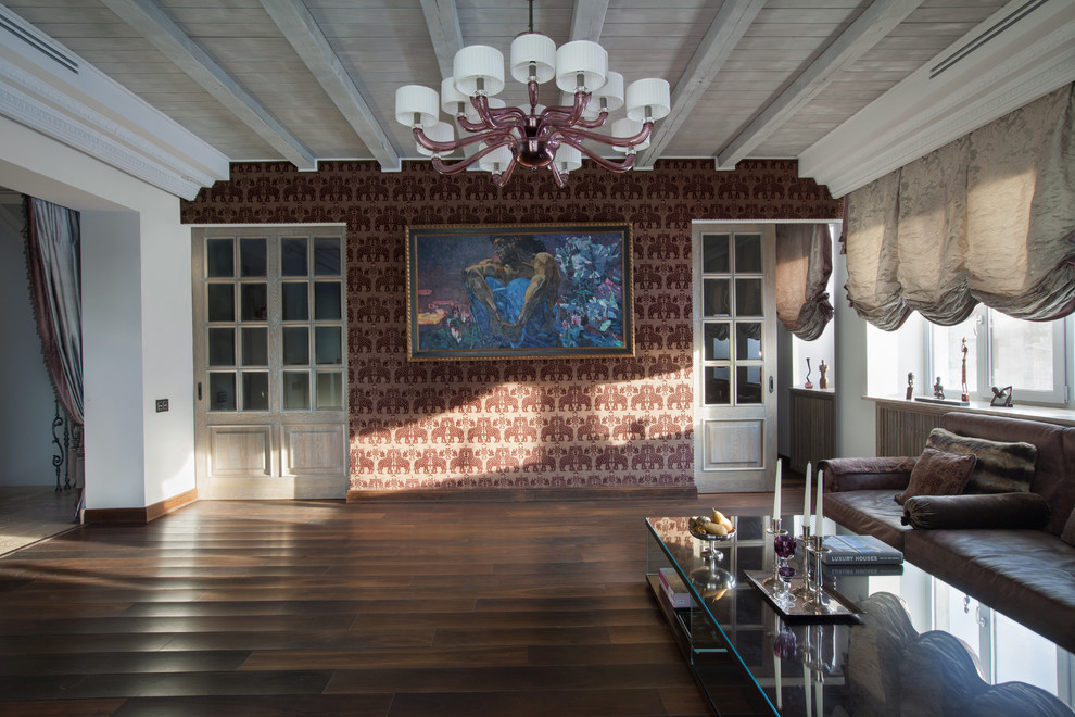 Photo of a large traditional formal open concept living room in Moscow with dark hardwood floors.
