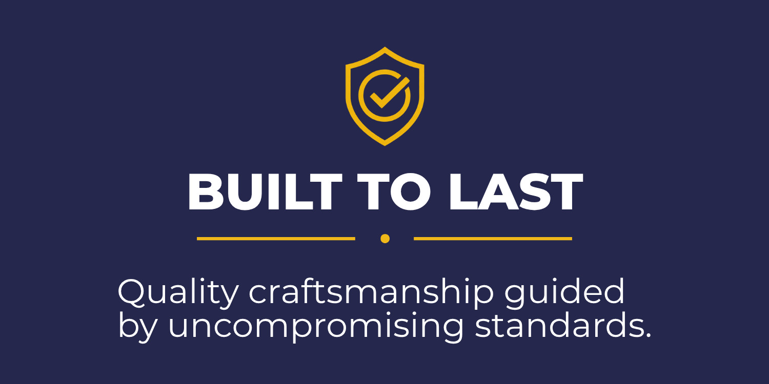 CM Remodeling Group's Built to Last commitment, featuring a gold shield with a checkmark on a navy blue background.