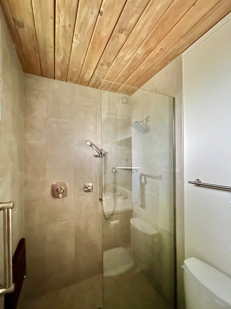 Design ideas for a small retro shower room bathroom in Portland with medium wood cabinets, a built-in shower, a two-piece toilet, beige tiles, porcelain tiles, beige walls, porcelain flooring, a submerged sink, granite worktops, beige floors, an open shower, white worktops, a shower bench, a single sink, a floating vanity unit and a wood ceiling.