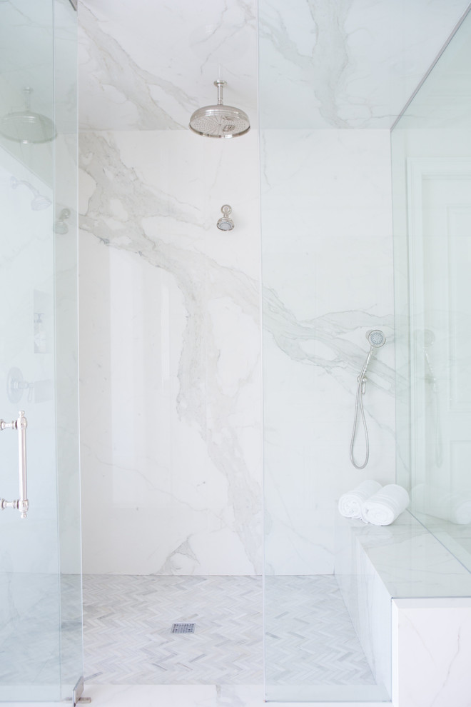 Design ideas for an expansive transitional master bathroom in Chicago with a corner shower, white tile, porcelain tile, white walls, mosaic tile floors, white floor and a hinged shower door.
