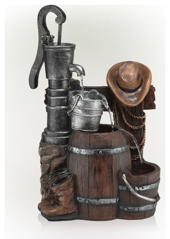 Pump and Barrel Fountain with Cowboy Hat