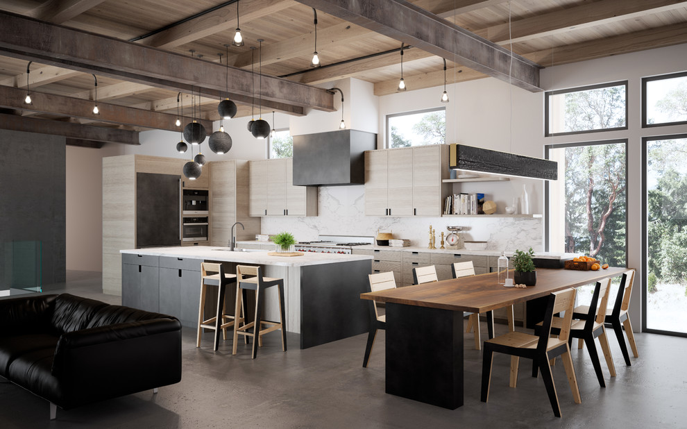 Large contemporary u-shaped open plan kitchen in Seattle with stone slab splashback, concrete floors, flat-panel cabinets, light wood cabinets, marble benchtops, white splashback and with island.