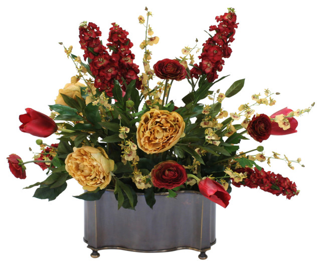 Burgundy And Gold Garden Flowers In Bronze Planter Traditional Artificial Flower Arrangements By Distinctive Designs Houzz