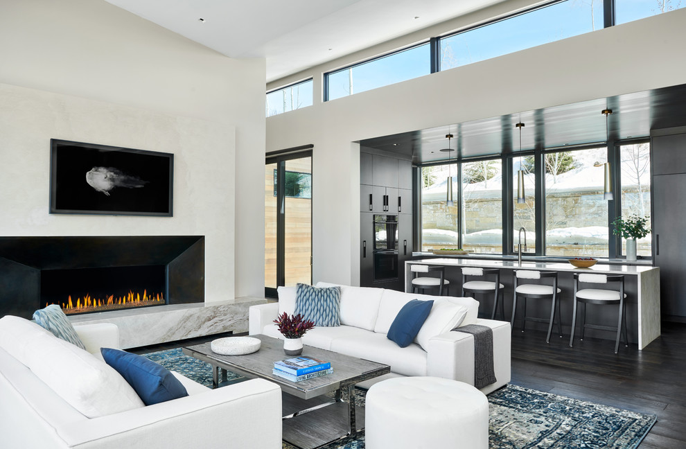 Photo of a mid-sized contemporary open concept living room in Denver with white walls, dark hardwood floors, a standard fireplace, brown floor, a plaster fireplace surround and no tv.
