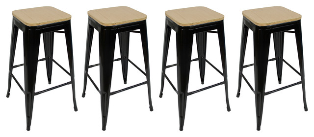 Stackable Bar Stools With Bamboo Tops, Set of 4, Black