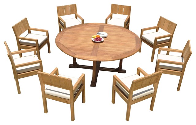 9 Piece Outdoor Patio Teak Dining Set, 72 Round Dining Table Set