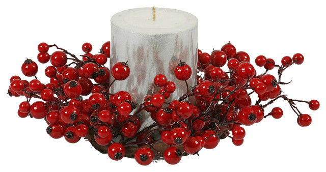 10 Artificial Christmas Holly And Red Berry Pillar Candle Rings