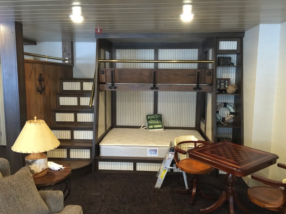 Inspiration for a mid-sized rustic guest carpeted and brown floor bedroom remodel with white walls and no fireplace