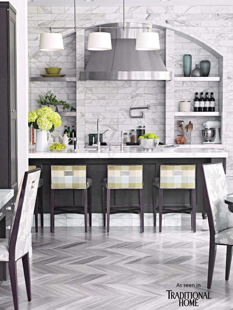 Eat-in kitchen - huge u-shaped marble floor eat-in kitchen idea in New York with an undermount sink, shaker cabinets, dark wood cabinets, marble countertops, white backsplash, stainless steel appliances and an island