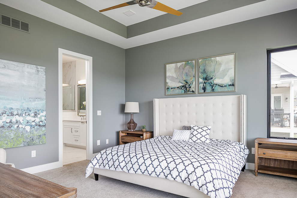 Transitional master bedroom in Other with grey walls, carpet, no fireplace and grey floor.