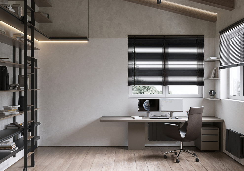 Свежая идея для дизайна: рабочее место среднего размера в современном стиле с серыми стенами, полом из ламината, отдельно стоящим рабочим столом, бежевым полом, балками на потолке и обоями на стенах - отличное фото интерьера