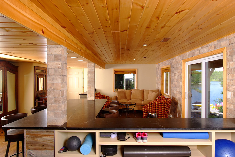 Mid-sized mountain style dark wood floor home design photo in Toronto with beige walls