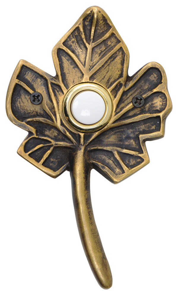 Brass Small Leaf Doorbell in 4 Finishes, Antique Brass