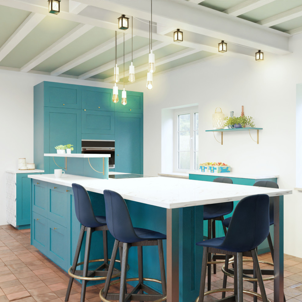 Immagine di una grande cucina design con lavello sottopiano, ante blu, top in laminato, paraspruzzi multicolore, paraspruzzi con piastrelle di cemento, pavimento in terracotta e top grigio