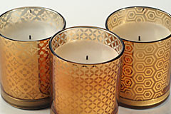 Flameless Set of 3 Pillars, Decorative Gold Patterned Glass