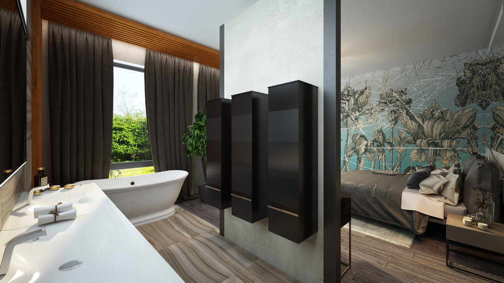 Дизайн спальни совмещенной с ванной комнотой