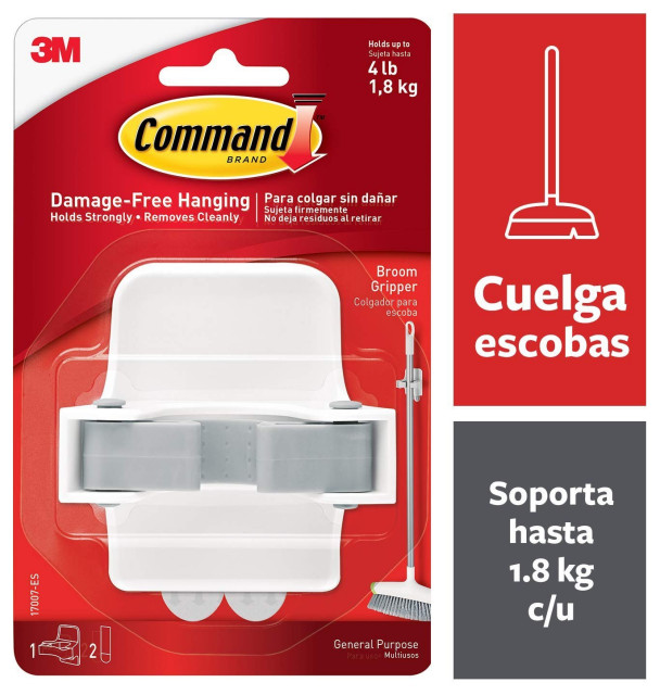 Command Broom Holder Wall Mount, White, Easy On, Easy Off, 1 gripper