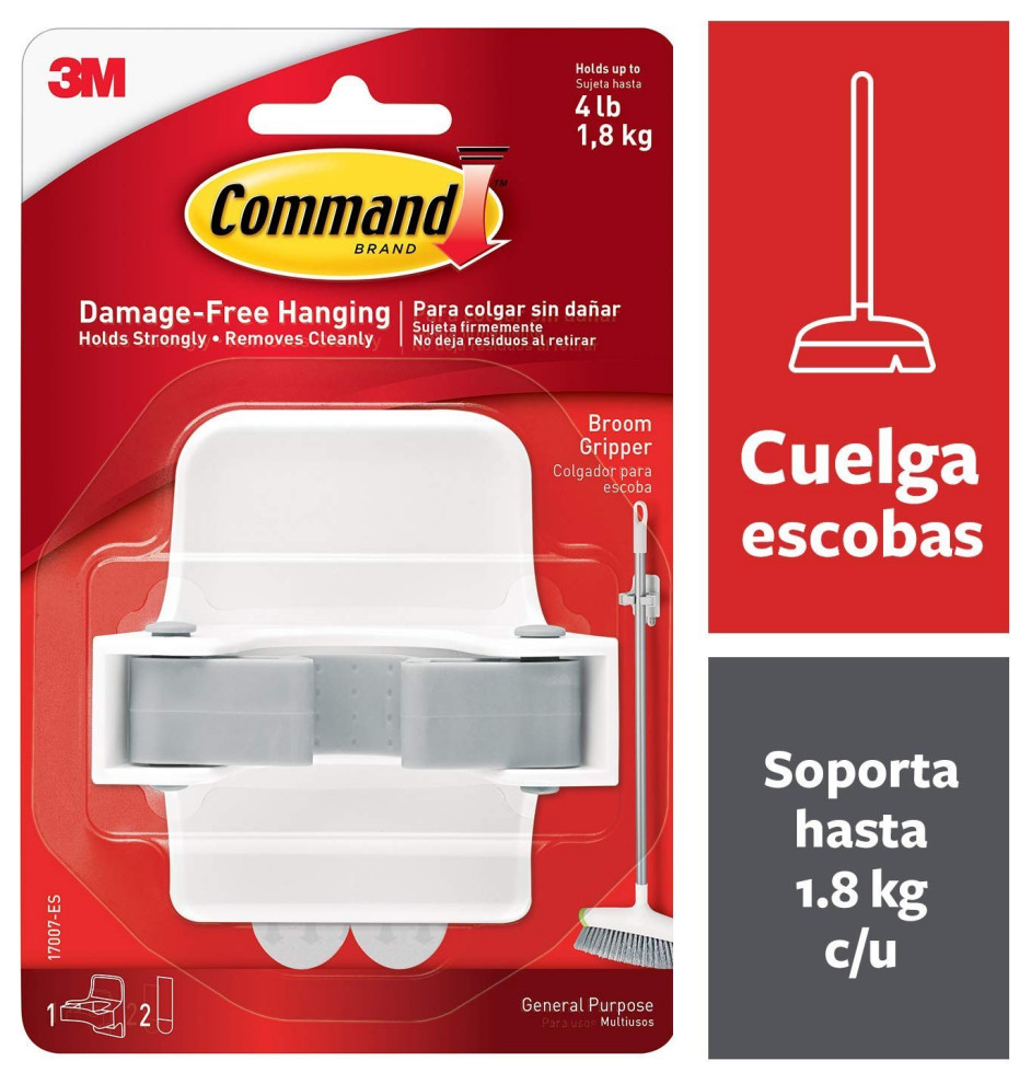 Command Broom Holder Wall Mount, White, Easy On, Easy Off, 1 gripper