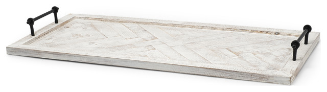 Whitewashed Tone Wood With Herringbone Pattern With Metal Raised Edges Tray