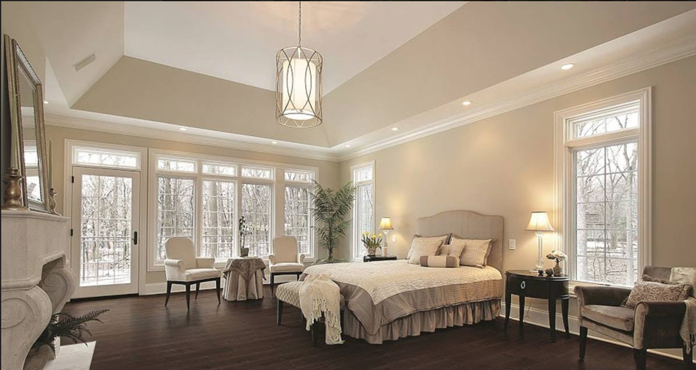 Photo of a large transitional master bedroom in Other with beige walls, dark hardwood floors, a standard fireplace, a stone fireplace surround and brown floor.