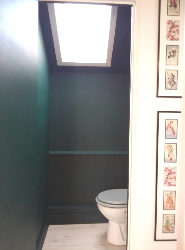 Foto di un piccolo bagno di servizio contemporaneo con pareti verdi, pavimento in vinile e pavimento grigio
