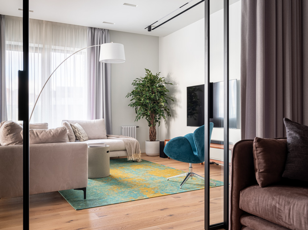 Идея дизайна: гостиная комната среднего размера в скандинавском стиле
