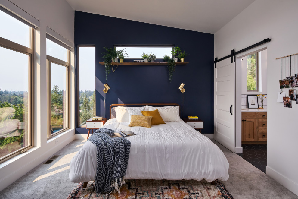 Design ideas for a mid-sized transitional master bedroom in Other with blue walls, carpet, grey floor and vaulted.