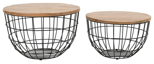 Rondo Nested Storage Solid Wood and Metal Basket Coffee Tables (Set of 2)